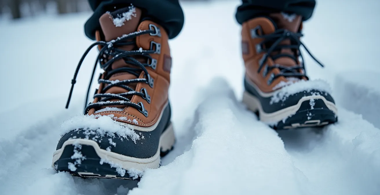 Vue macro de bottes d'hiver dans la neige fraîche avec traces de pas énergiques