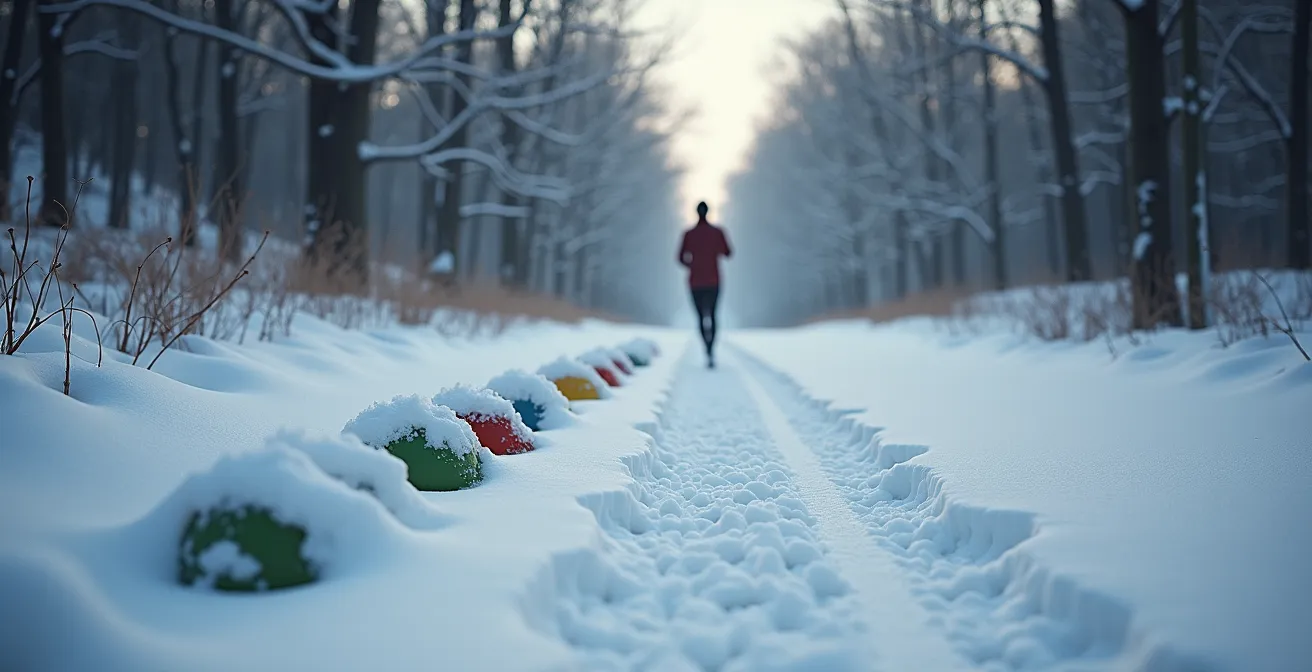 Coureur transformant sa séance d'intervalles en récupération active pendant une tempête de neige à Montréal
