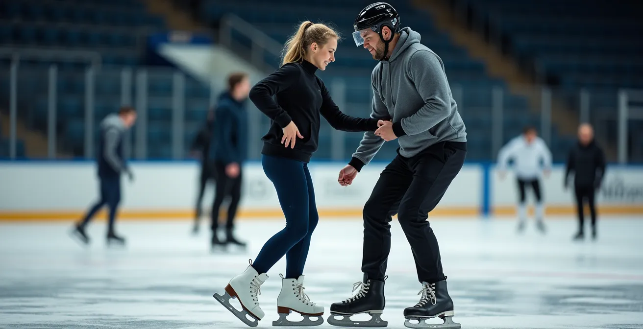 Adulte apprenant à patiner avec un entraîneur dans un aréna québécois