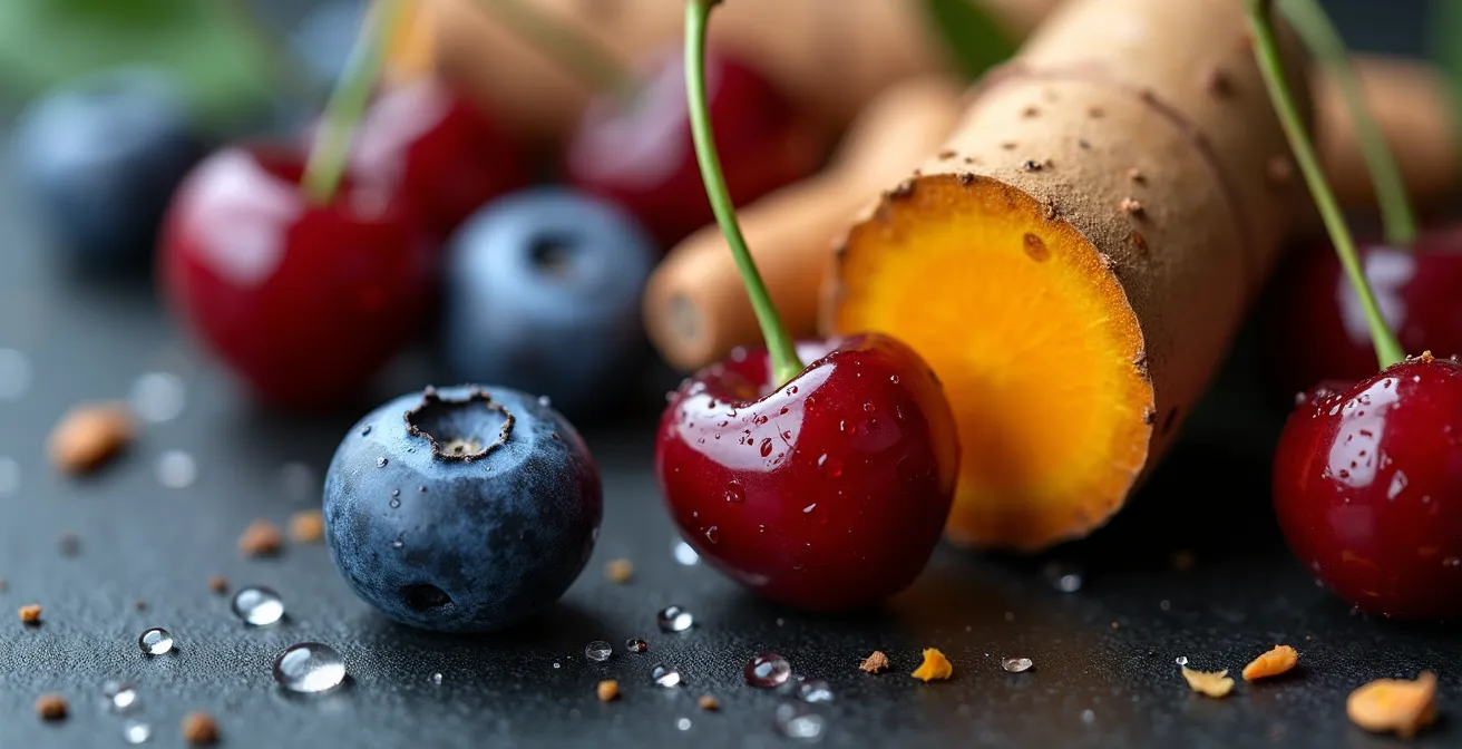 Arrangement artistique d'aliments anti-inflammatoires locaux incluant bleuets, cerises et racine de curcuma