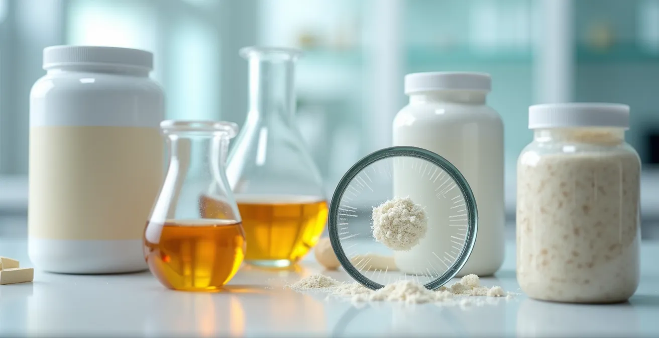 Vue arrière et côté de contenants de protéines montrant les textures et formes sans texte visible