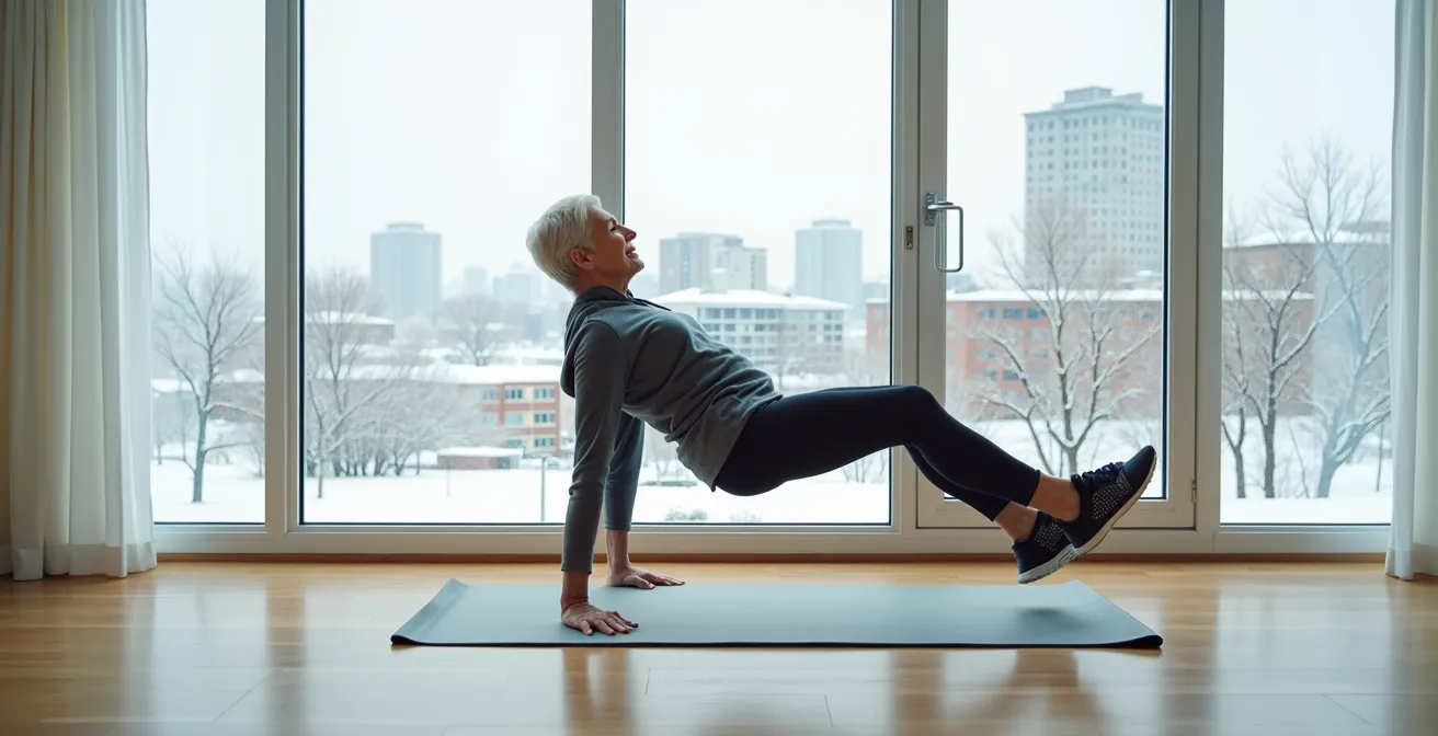 Personne pratiquant le Pilates au sol dans un intérieur québécois chaleureux en hiver