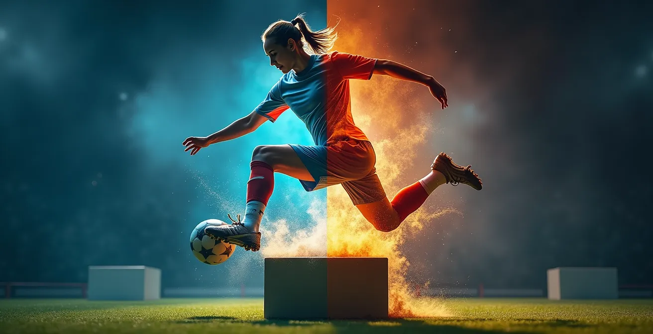 Athlète en pleine puissance lors d'un saut pliométrique avec énergie maximale