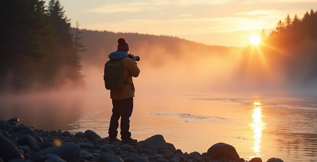 Brume dorée s'élevant d'une rivière québécoise au lever du soleil après une nuit d'aurores boréales