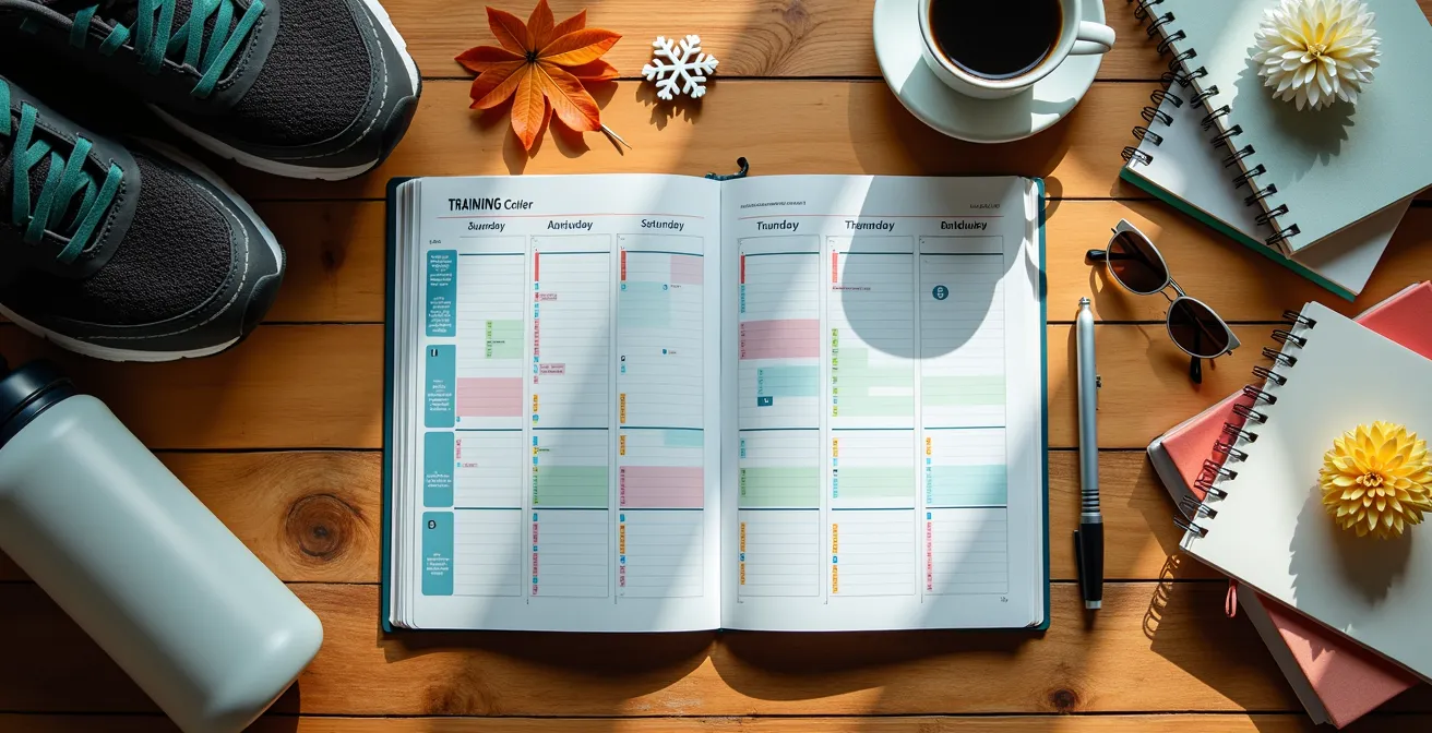 Vue aérienne d'un bureau avec calendrier annuel, carnet d'entraînement et équipement sportif