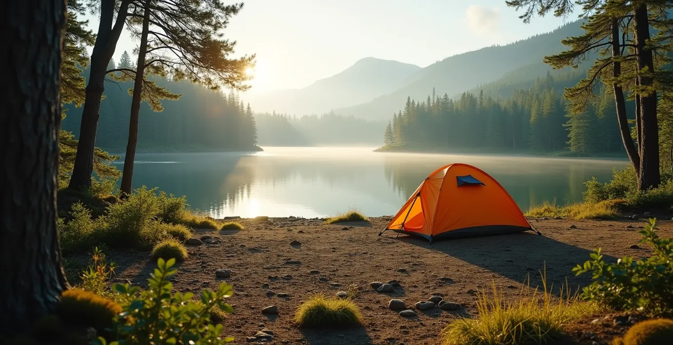 Campement minimaliste installé sur un site naturel avec impact minimal sur l'environnement