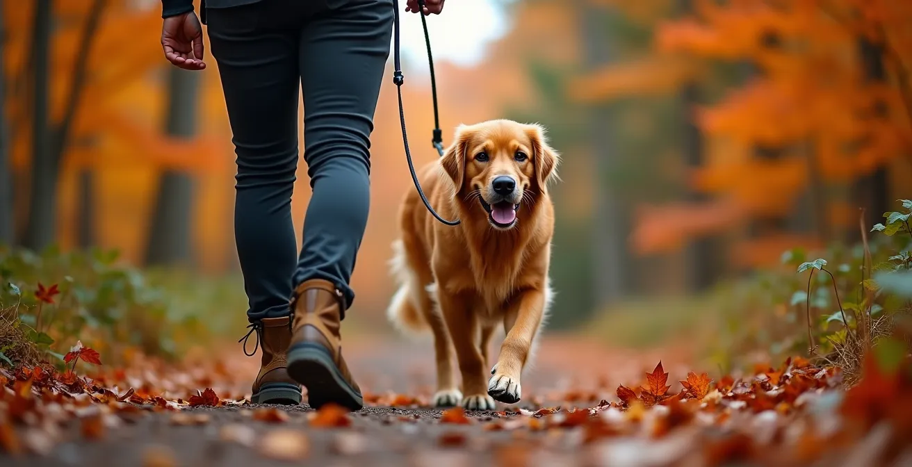 Chien en laisse sur un sentier autorisé dans un parc national québécois en automne