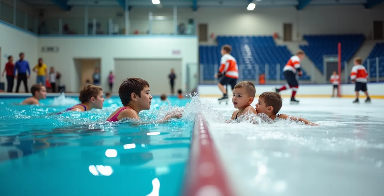 Vue comparative d'une piscine municipale et d'un aréna au Québec montrant leur utilisation multi-générationnelle