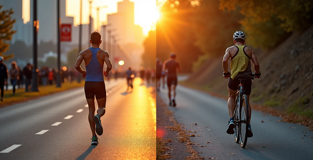 Comparaison visuelle entre un marathon urbain et un demi-ironman dans les Laurentides