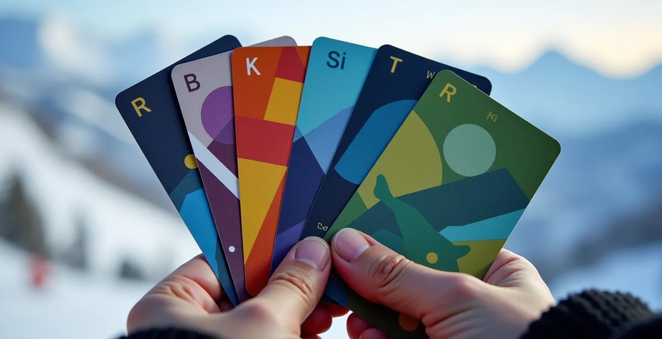 Mains tenant différentes cartes de ski avec montagnes québécoises en arrière-plan
