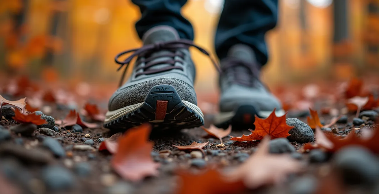 Coureur maître sur un sentier de trail en automne dans les montagnes québécoises