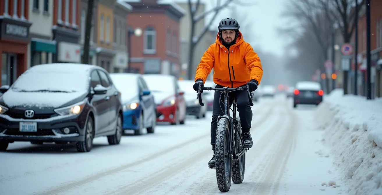 Cycliste en fatbike naviguant entre voitures stationnées et bancs de neige sur rue urbaine hivernale