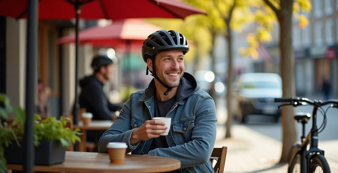 Cycliste relaxant à une terrasse de café québécois pendant la recharge de son vélo électrique