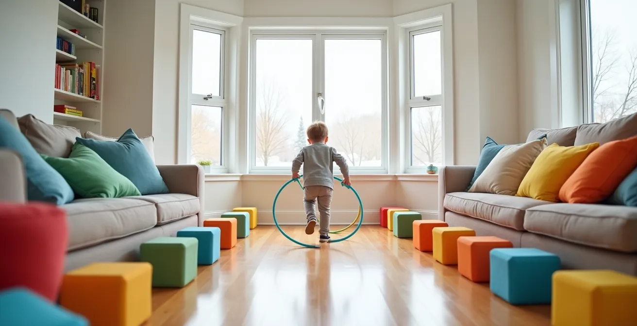 Enfant de 4 ans traversant un parcours d'obstacles improvisé avec coussins et cerceaux dans un salon