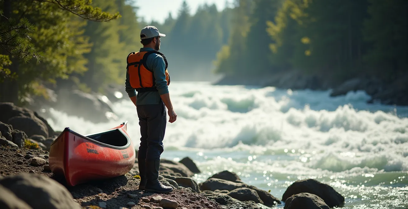 Vue arrière d'un canoteur évaluant un rapide depuis la berge avec son canot chargé