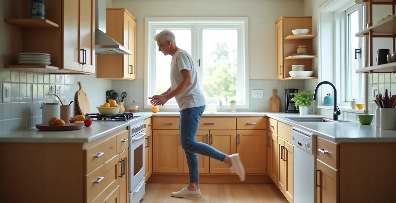 Aîné faisant un exercice d'équilibre sur une jambe en préparant un repas dans sa cuisine