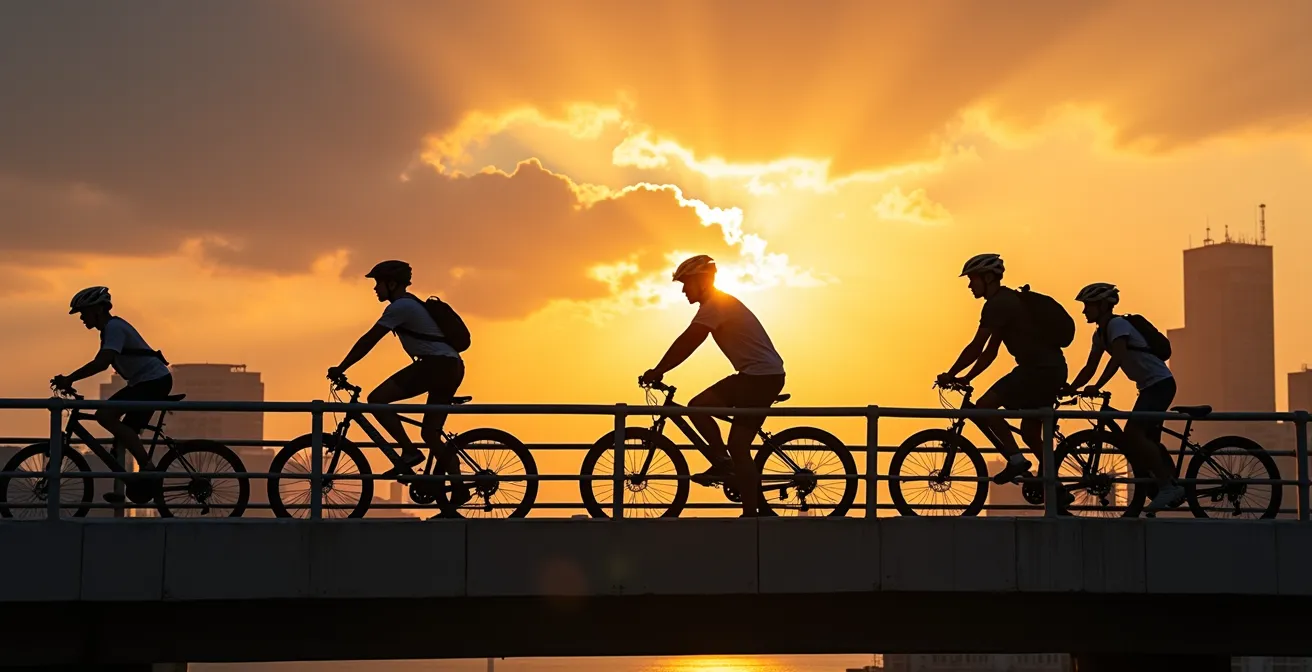 Groupe d'adolescents à vélo traversant un pont urbain au coucher du soleil
