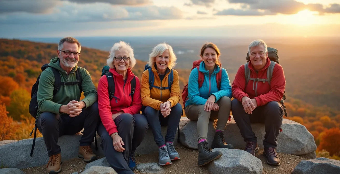 Groupe de marcheurs seniors souriants au sommet du Mont-Saint-Bruno