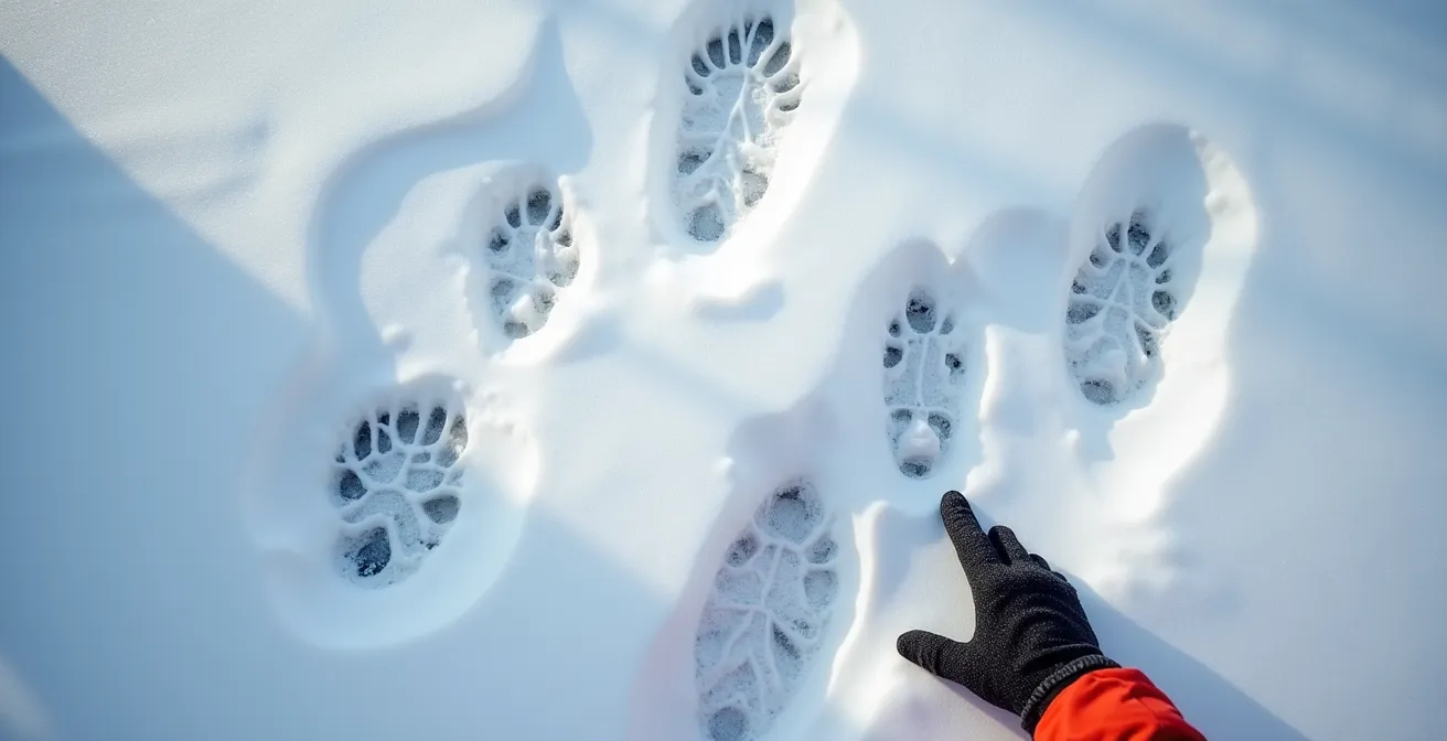Guide naturaliste interprétant des traces d'orignal dans la neige québécoise