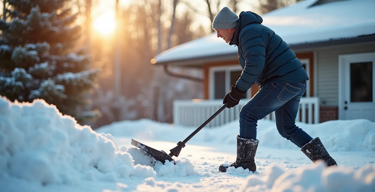 Homme démontrant la technique sécuritaire de pelletage avec pelle ergonomique