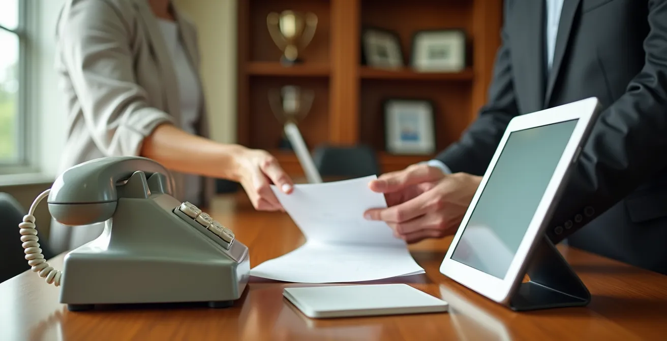 Bureau montrant un téléphone vintage et un ordinateur moderne côte à côte pour symboliser l'inscription hybride