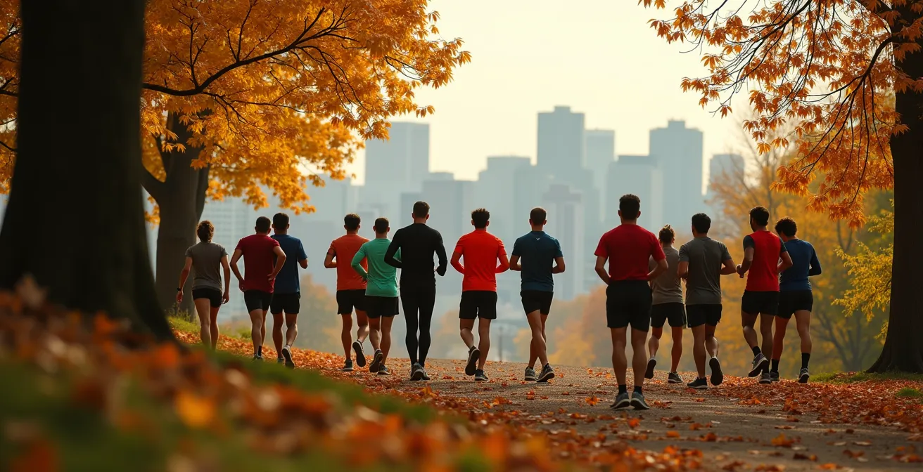 Groupe diversifié de coureurs partageant un moment convivial après une course au parc du Mont-Royal à Montréal