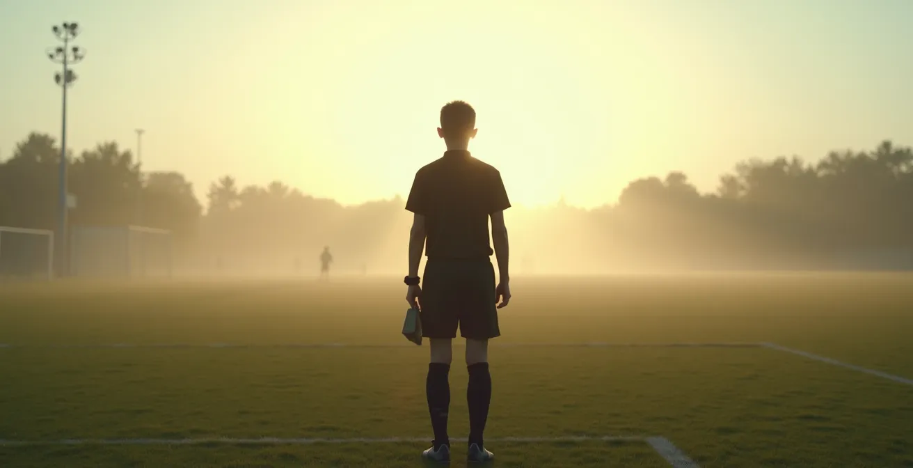 Jeune arbitre de soccer prenant une décision sur le terrain