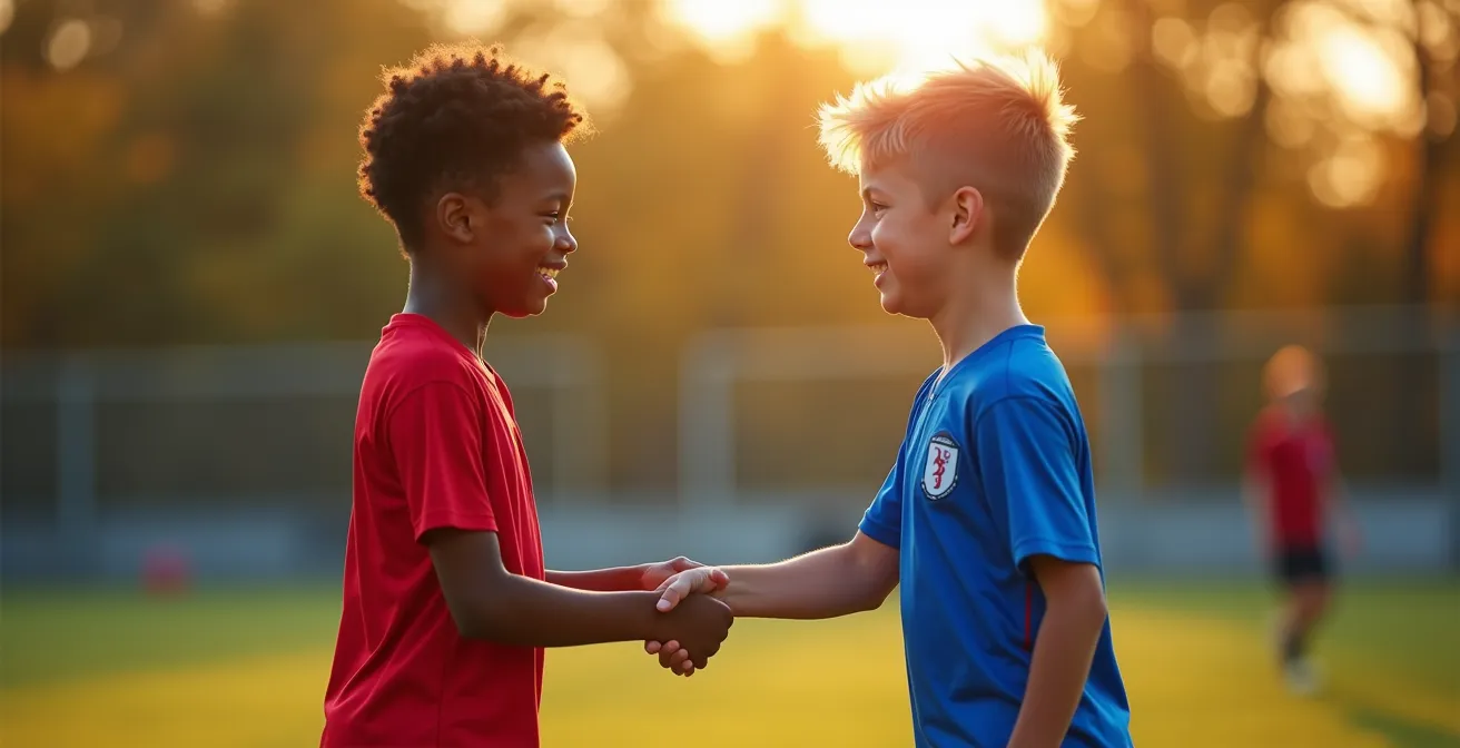 Deux jeunes joueurs se serrent la main après un match dans un esprit sportif