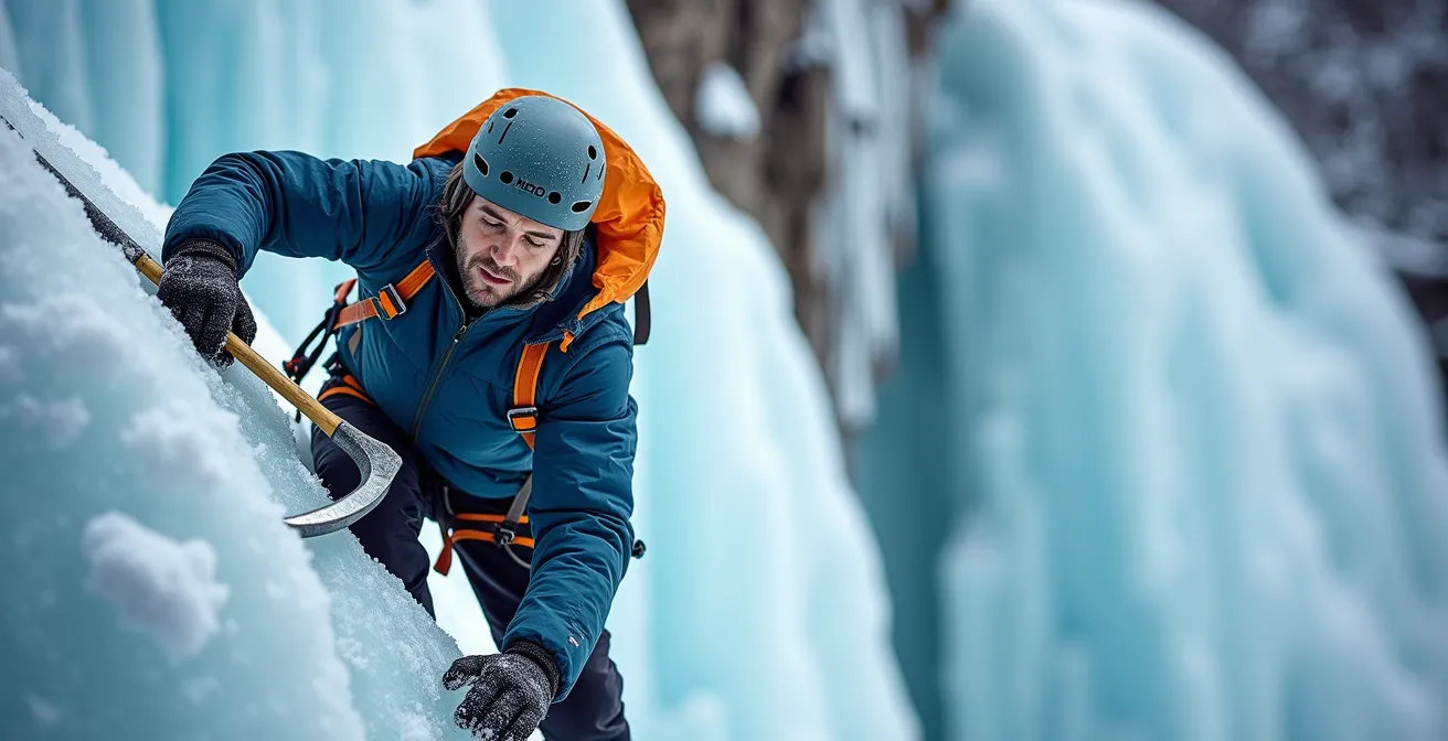 Grimpeur expert en escalade de glace dans les conditions hivernales québécoises