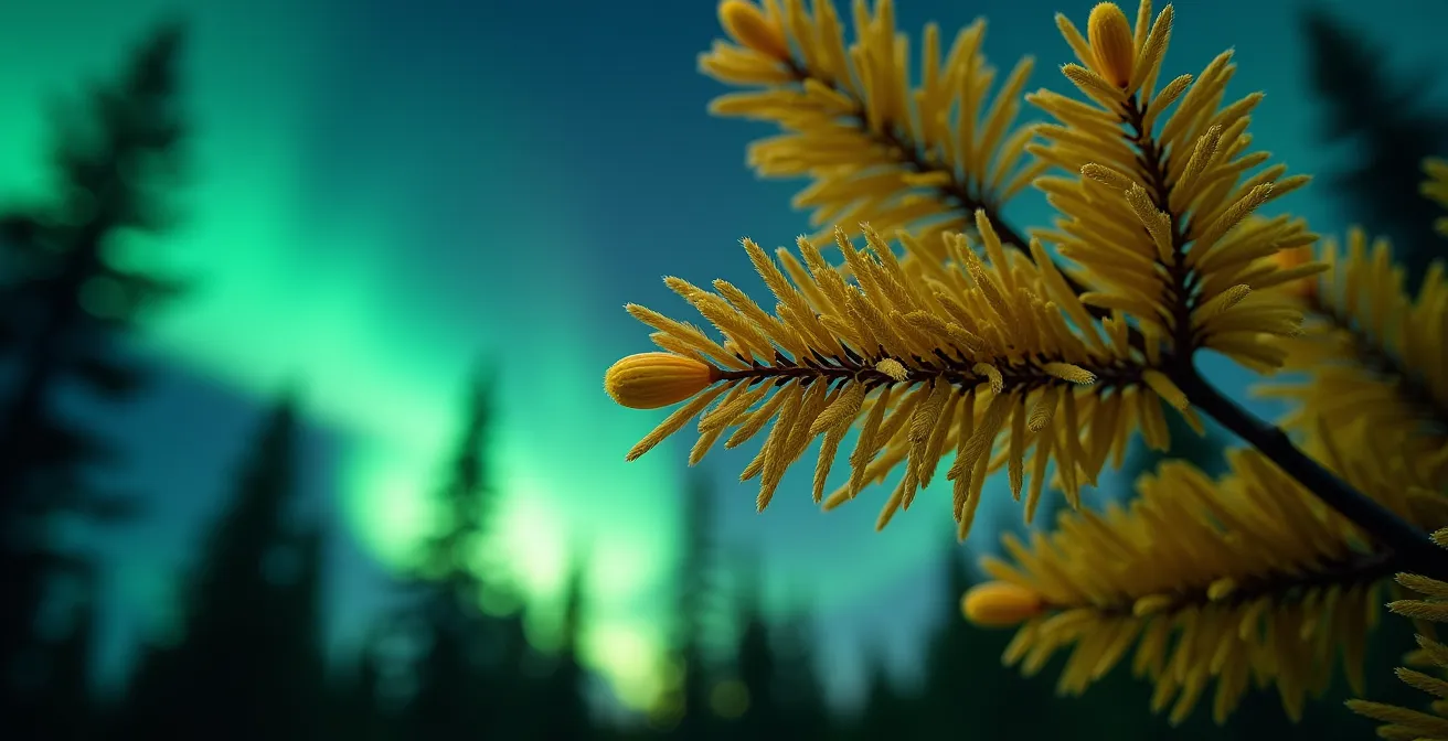 Forêt de mélèzes dorés en automne sous des aurores boréales vertes en Abitibi