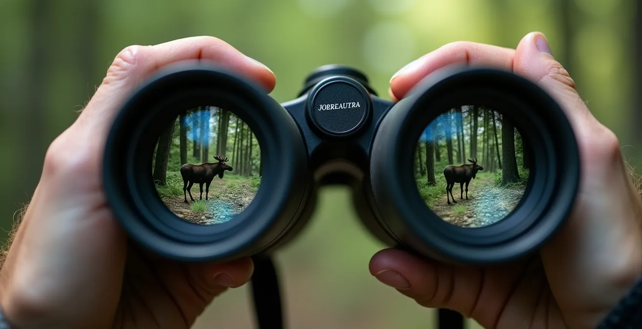 Observation respectueuse d'un orignal aux jumelles dans la réserve faunique québécoise