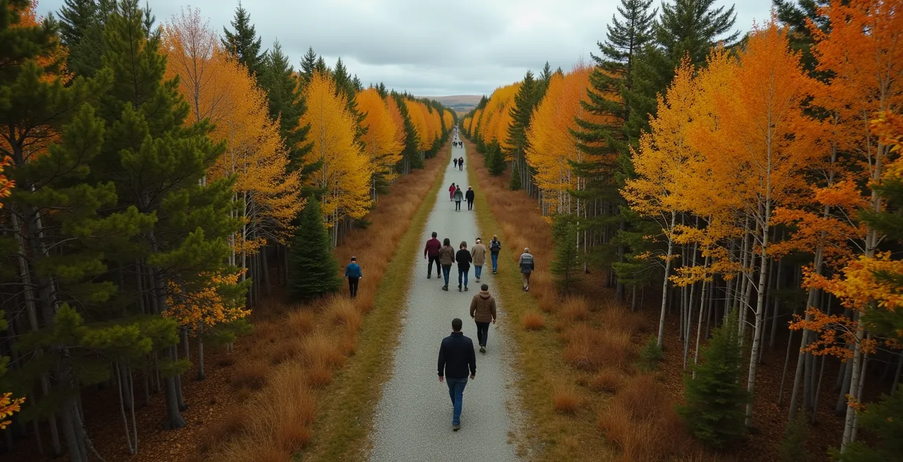 Vue aérienne d'un groupe de marcheurs traversant un sentier automnal avec un organisateur bénévole guidant le groupe