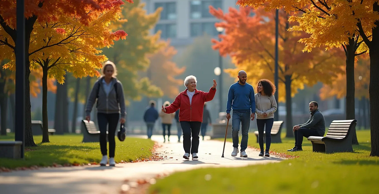 Parc urbain québécois avec sentiers de marche et modules d'exercice utilisés par des citoyens de tous âges
