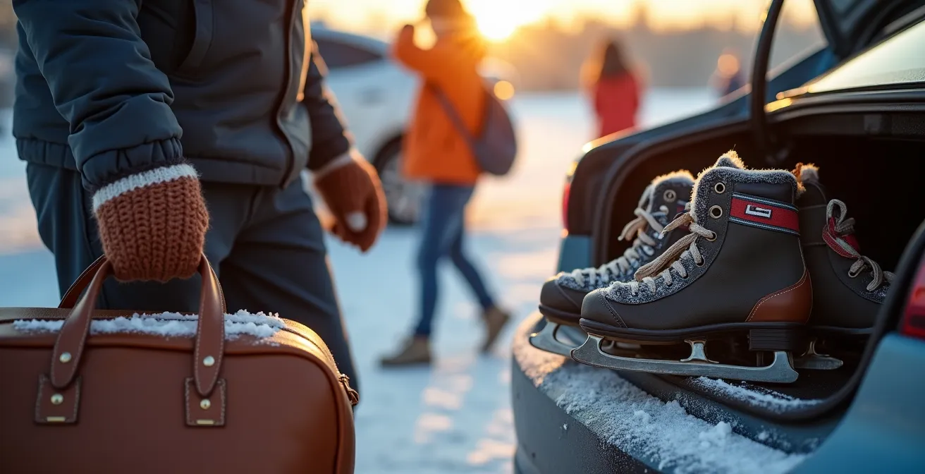 Parents et enfants avec équipement de hockey dans un stationnement d'aréna québécois, ambiance matinale hivernale