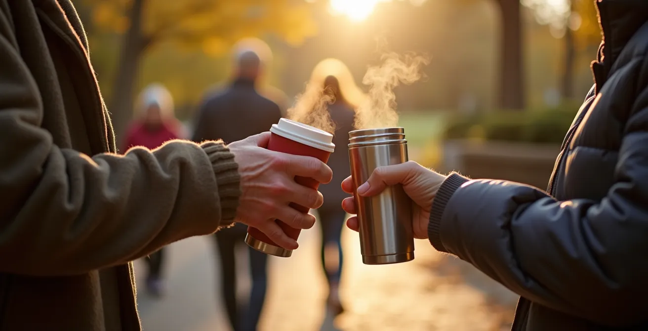 Deux personnes âgées échangeant un sourire chaleureux pendant une pause café lors d'une marche de groupe