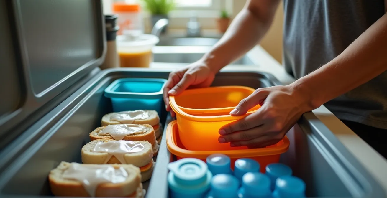 Athlète québécois préparant sa glacière avec des contenants alimentaires organisés
