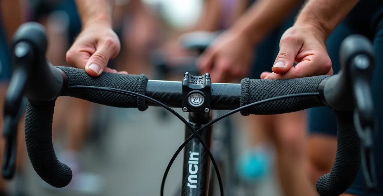 Zone de transition d'un triathlon au Québec avec athlète préparant méthodiquement son équipement