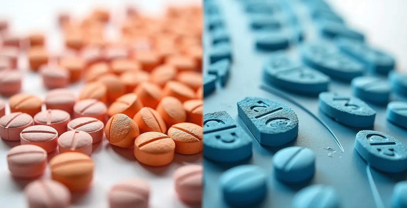 Comparaison visuelle entre pilules de statines et équipement d'exercice montrant l'alternative préventive