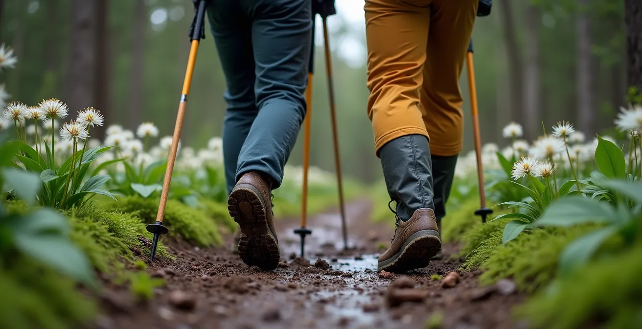 Deux randonneurs se croisant sur un sentier étroit boueux en maintenant leur position sur le sentier