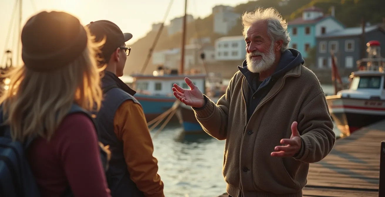 Pêcheur local partageant ses connaissances avec des visiteurs sur un quai traditionnel