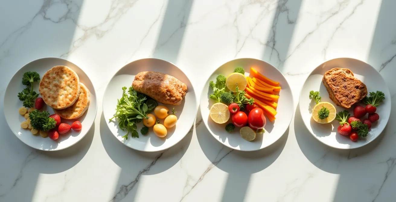 Composition photographique montrant quatre assiettes disposées comme une horloge, représentant la répartition des repas protéinés tout au long de la journée