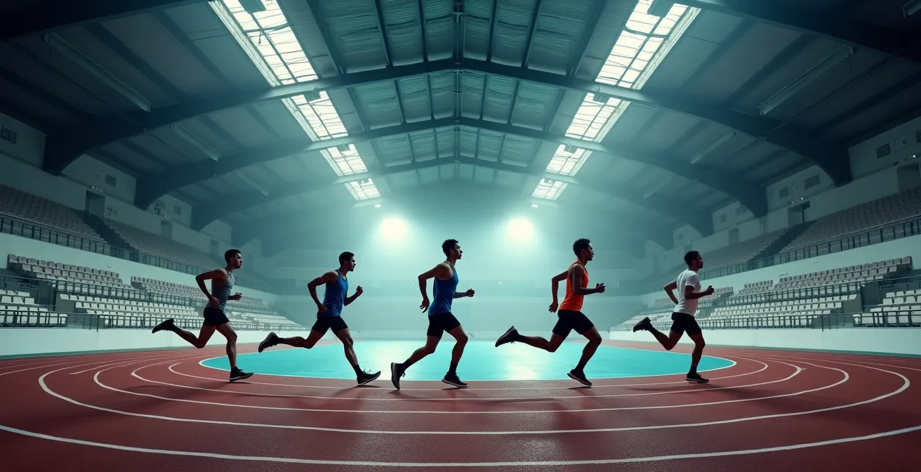 Coureurs effectuant une séance de fractionné 30/30 sur une piste intérieure au Québec