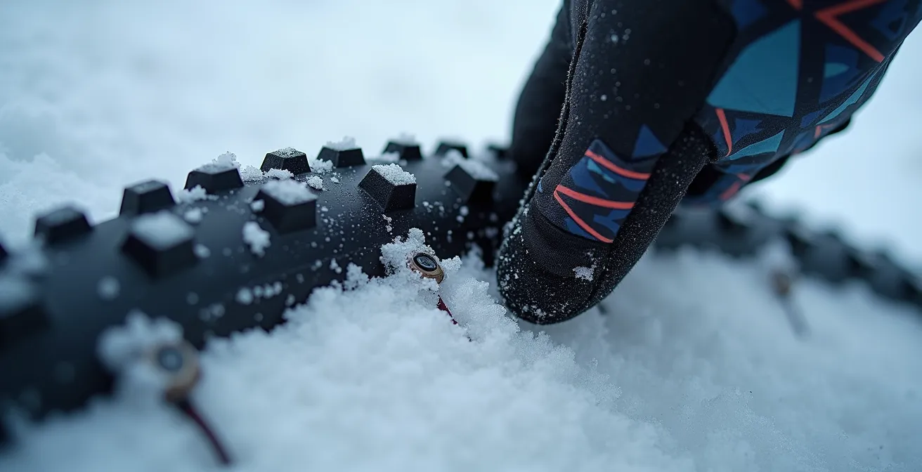 Gros plan sur main testant la pression d'un pneu de fatbike dans la neige