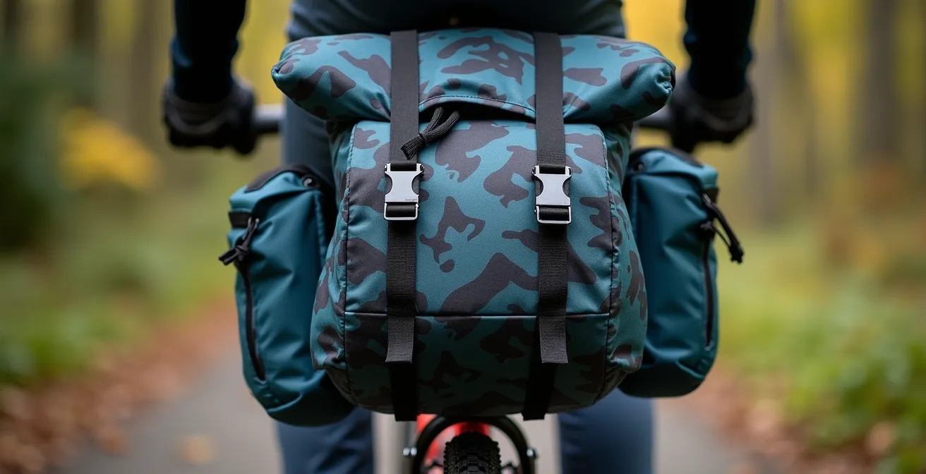 Vue macro détaillée de sacoches de vélo équilibrées avec système de fixation