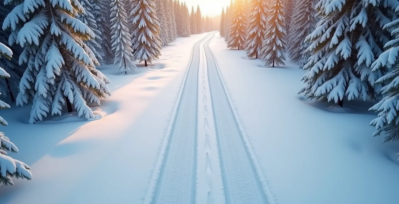Vue aérienne de traces parallèles de fatbike sur sentier enneigé damé montrant l'empreinte minimale