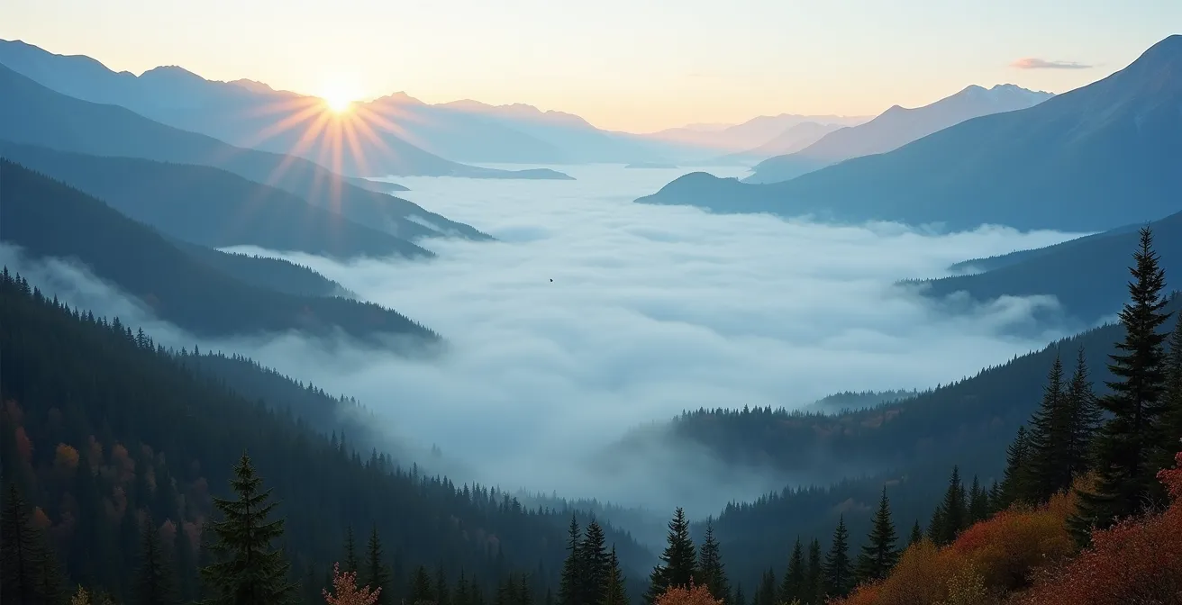 Vallée brumeuse du parc de la Jacques-Cartier au petit matin d'automne