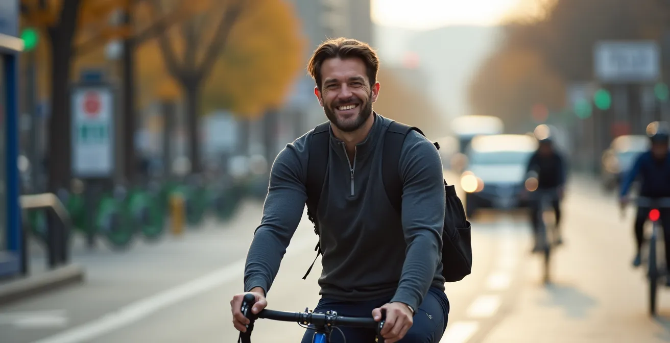 Cycliste urbain avec équipement technique sur piste cyclable en ville