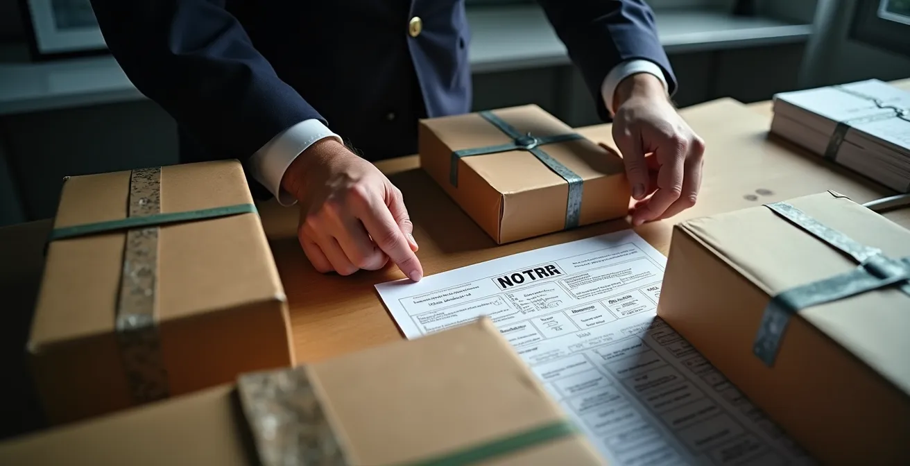 Agent frontalier examinant un colis de suppléments importés