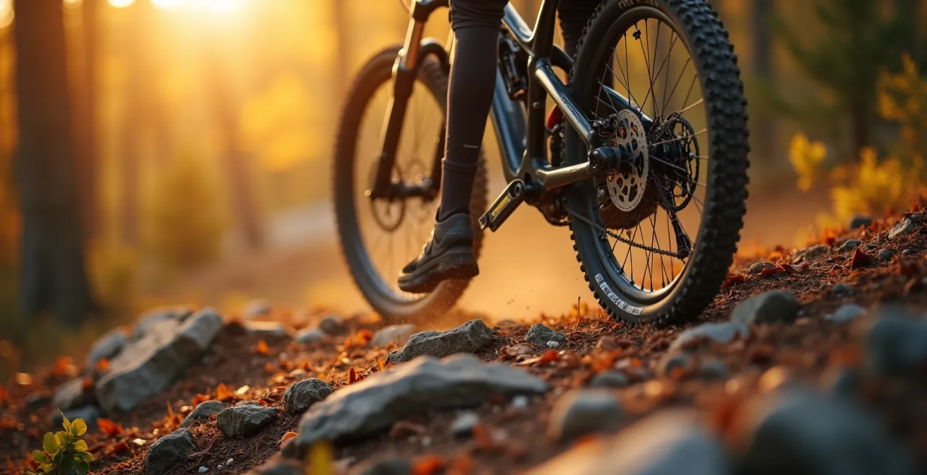 Vélo de montagne sur sentier forestier typique de la Vallée Bras-du-Nord avec racines et roches