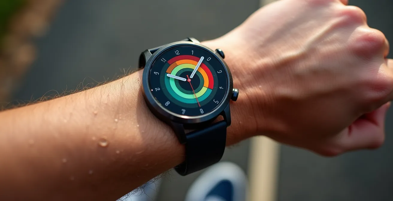 Gros plan sur montre connectée affichant des données d'entraînement avec graphique de zones cardiaques